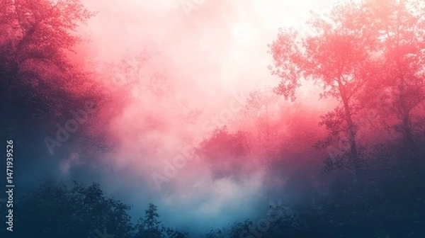 Fototapeta Mysterious, vibrant forest scene enveloped in a colorful mist.