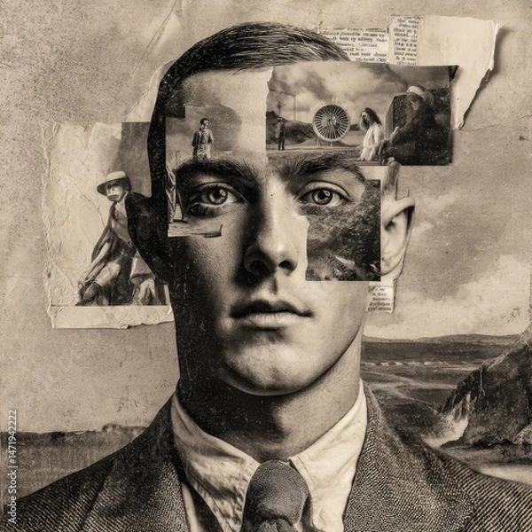 Fototapeta A sepia-toned portrait collage showcasing a man's face, composed of various vintage imagery.