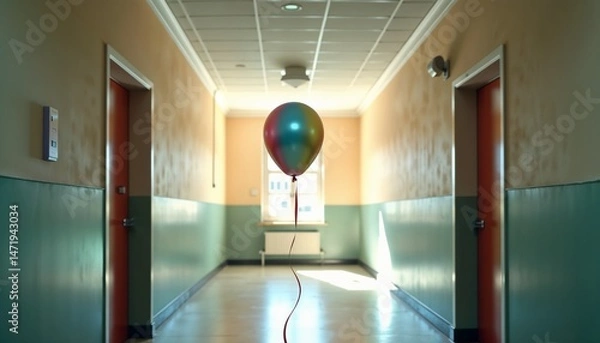 Obraz Single colorful balloon floating near ceiling in quiet hallway