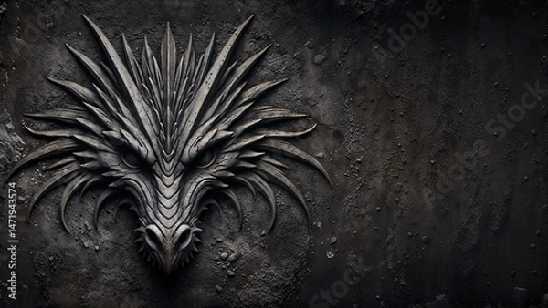 Fototapeta Warrior’s Legend Told Through the Dragon Background Hidden Beneath the Stone Wall and Black Wall Layers,Black background.