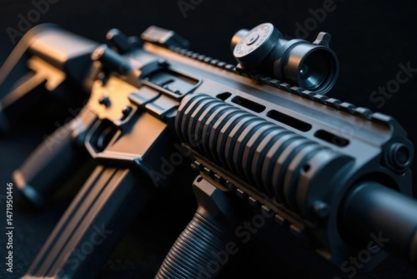 Obraz Close-up of a modern military assault rifle, showcasing intricate details and textures , steel, combat