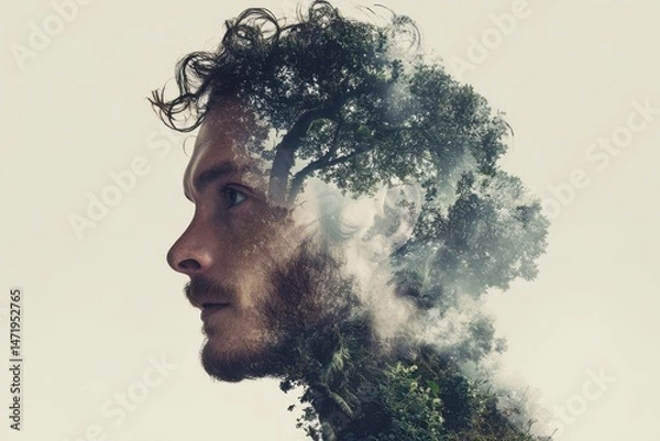 Fototapeta A composite portrait of a man with a nature-inspired head.