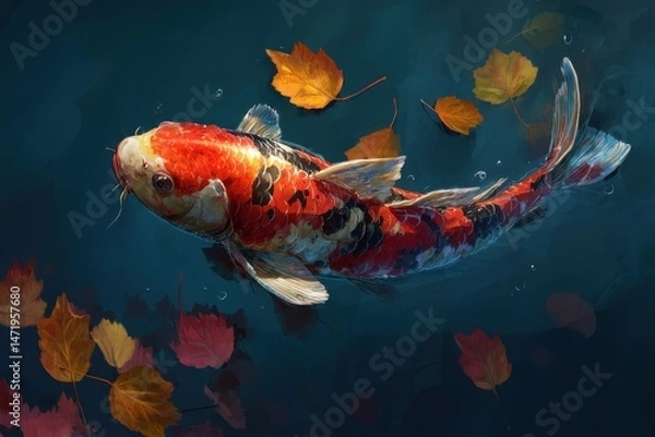 Fototapeta Colorful koi fish surrounded by autumn leaves in still water.
