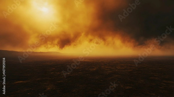 Obraz Dramatic Orange Sky with Fog and Dark Clouds Over Empty Landscape