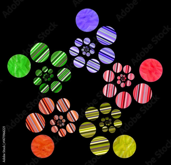 Fototapeta A bright abstract flower made of colorful striped spirals arranged in a circle. Spirals consist of circles of different sizes. 3D rendering. 3D illustration.