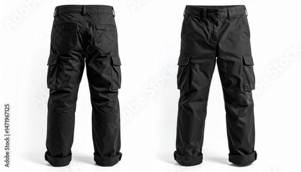 Fototapeta Front and back view of stylish black cargo pants on white background perfect for fashion and apparel designs, providing a versatile clothing template