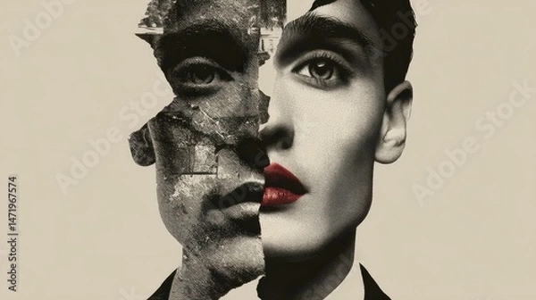 Fototapeta A fragmented portrait divided into contrasting halves.