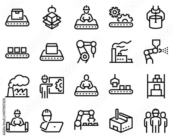 Fototapeta Simple Set of Mass Production Related Vector Line Icons. Contains such Icons as Industrial Oven, Robot Manipulator, Warehouse, Painting Bot and more black