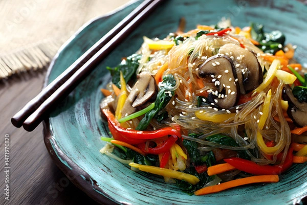 Fototapeta Traditional Korean japchae with stir-fried glossy glass noodles and mixed vegetables topped with sesame seeds