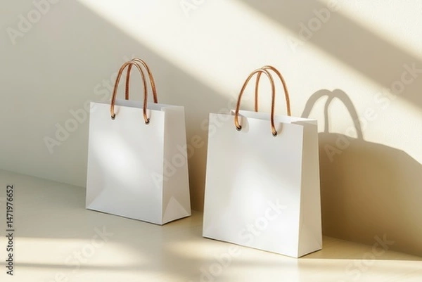 Obraz Two blank white shopping bags with tan handles, casting shadows on a light beige surface