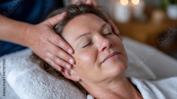 Fototapeta A close-up of the clientâs face with a serene expression, her skin glowing as the osteopath's fingers softly knead her temples and scalp, natural essential oils in the air