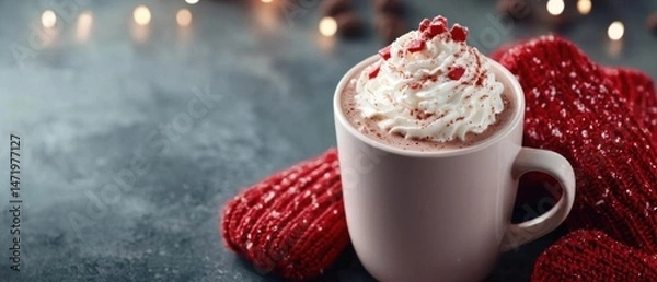 Fototapeta Close-up of a white mug filled with a hot chocolate drink. the mug is placed on a dark grey textured surface with a red knitted scarf draped over it.