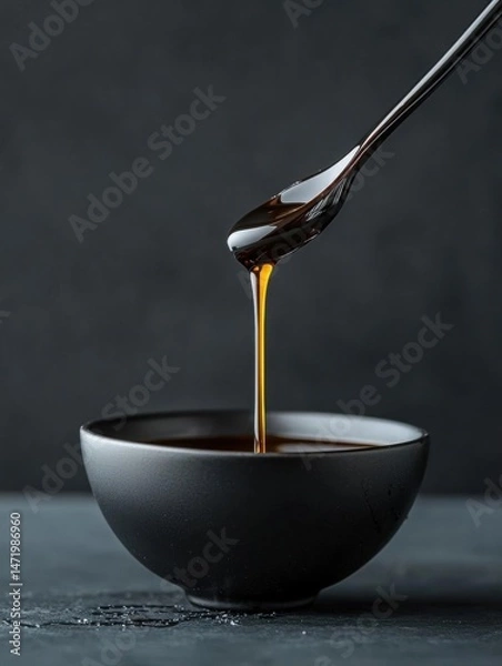 Obraz Black bowl with a spoonful of dark liquid being poured into it. the liquid appears to be a dark brown color and is flowing from the spoon into the bowl.