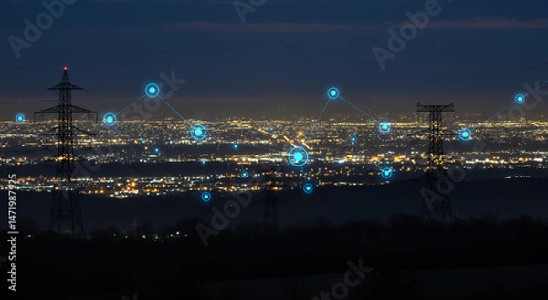Fototapeta Smart City Grid: Connected Power Network Illuminating the Night, Energy Innovation & Distribution, Modern Infrastructure Technology