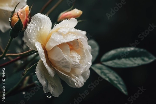 Fototapeta A close-up of a blooming rose with water droplets