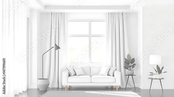 Fototapeta Bright and airy modern minimalist living room with white furniture, sheer curtains, and ample natural light, creating a clean and peaceful interior space.