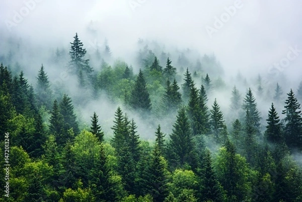 Obraz Misty mountain forest scene