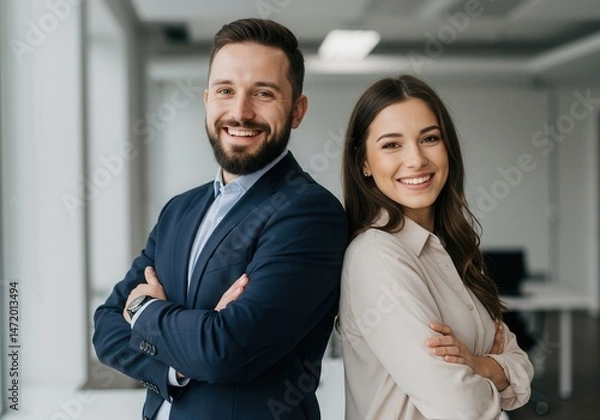 Fototapeta Smiling man and woman stand back to back with arms crossed in modern office