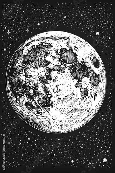 Obraz Detailed black and white illustration of the moon in space Generative AI