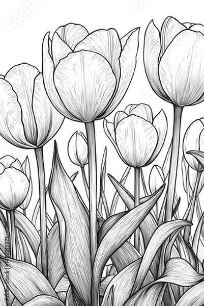 Fototapeta Illustration of detailed tulips with intricate linework Generative AI