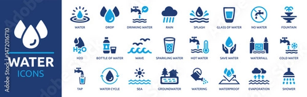 Fototapeta Water icon set. Containing drop, rain, tap, h2o, waterproof, glass of water, shower, drinking water and more. Solid vector icons collection.