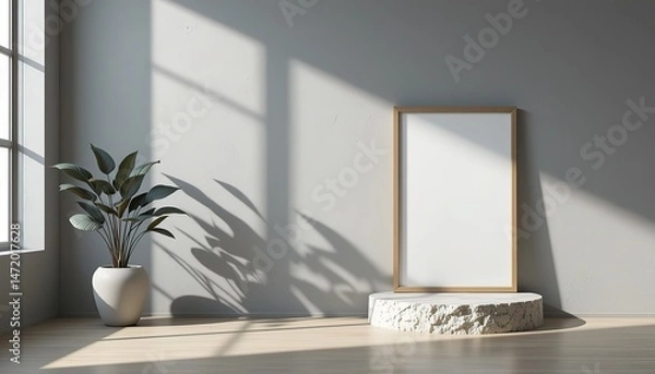 Fototapeta Modern Minimalist Interior with Frame and Plant on Marble Pedestal