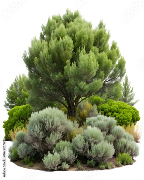 Fototapeta plants forest pathway. Cutout trees isolated on white background. Forest scape with trees and bushes shrub 