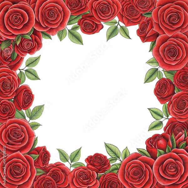 Fototapeta Red roses frame border for text and design with copy space, isolated. PNG, cutout, or clipping path.