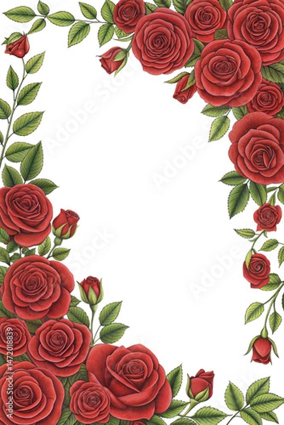 Fototapeta Red roses frame border for text and design with copy space, isolated. PNG, cutout, or clipping path.