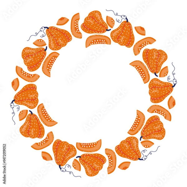 Fototapeta Round Pumpkin frame. Hand drawn food vector illustration. Pumpkin wreath isolated on white background. Juicy mature Whole and chopped vegetables print with copy space for card, menu, invitation, logo.