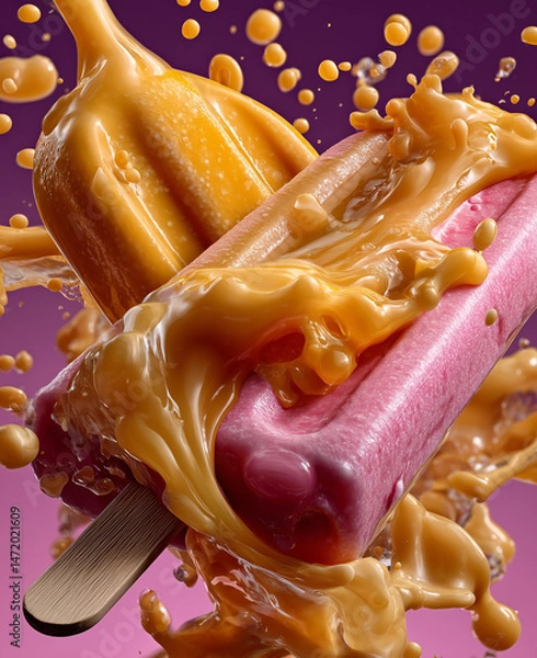 Fototapeta Colorful ice cream pops collide with a cascade of caramel syrup in a playful dessert explosion filled with vibrancy