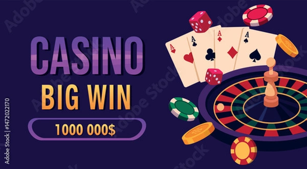 Obraz Vector bright illustration of casino and poker themed banner. Roulette, chips, cards, dice on dark background. Gambling, luck flat design template for casino projects and advertising