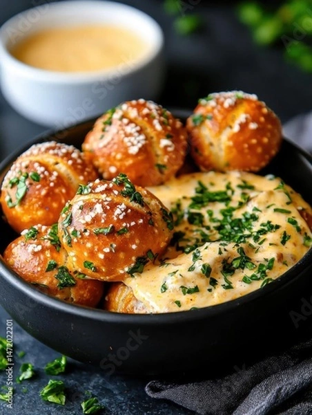 Fototapeta Black bowl filled with freshly baked bread rolls. the bread rolls are golden brown and have sesame seeds sprinkled on top. they are arranged in a circular pattern in the bowl.