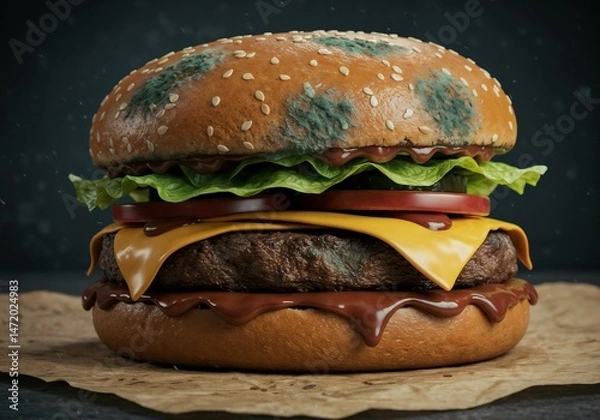 Obraz Moldy cheeseburger with lettuce and tomato on textured background for food concept