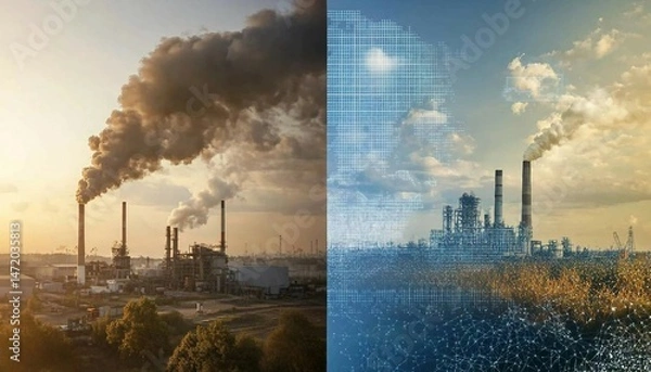 Obraz Before and After: AI-Enhanced Carbon Capture, A split-image showing the impact of AI-powered carbon capture. On the left,