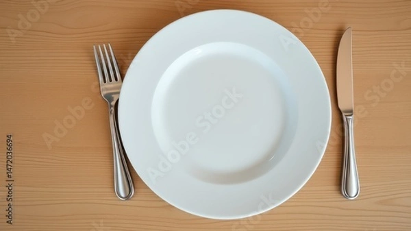 Fototapeta A Simple Place Setting An Empty White Plate with Fork and Knife on Wooden Table