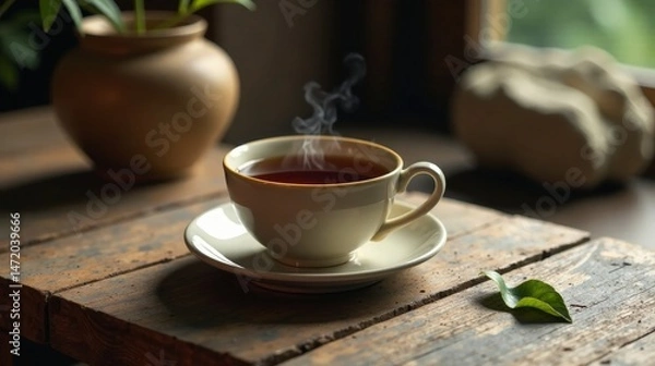 Fototapeta Aromatic steam rises from a warm beverage in a delicate cup, resting on a rustic wooden surface, accompanied by a potted plant and a textured object, creating a tranquil and inviting atmosphere.