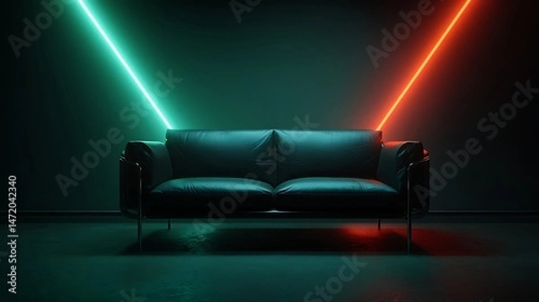 Fototapeta Angular night interior shot of a minimalist black sofa under split-tone green and red neon light