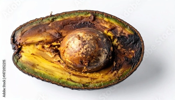 Fototapeta Overripe avocado half showing seed and brown flesh on white background