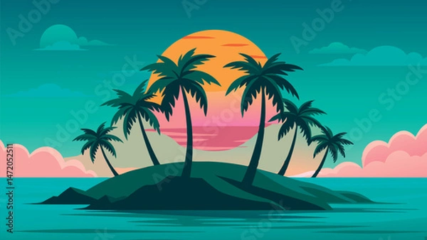 Fototapeta Tropical island landscape. Flat silhouette with palm trees, turquoise sea and soft gradient sunset sky. Summer beach scene vector illustration