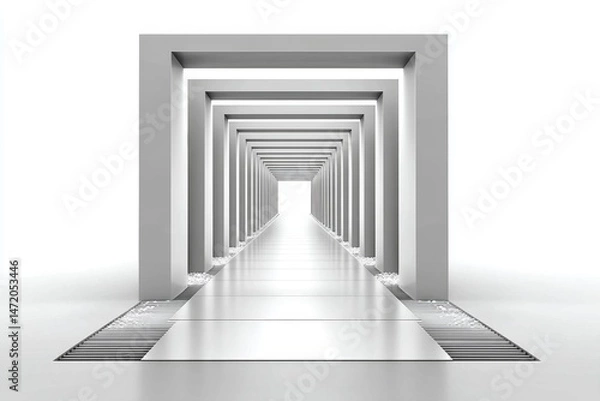 Fototapeta A hallway represented by only three vertical rectangles fading into a vanishing point on a white background