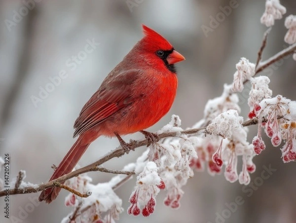 Fototapeta Vibrant red cardinal perched on a snowy branch.