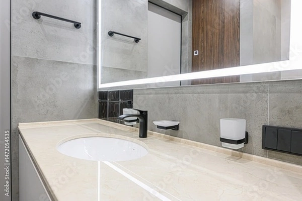 Fototapeta modern bathroom featuring a marble countertop with a circular sink, black fixtures, and a large illuminated mirror