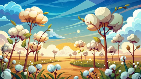 Fototapeta Cotton plants grow under a bright sky with fluffy clouds in a sprawling field during a warm afternoon Very beautiful