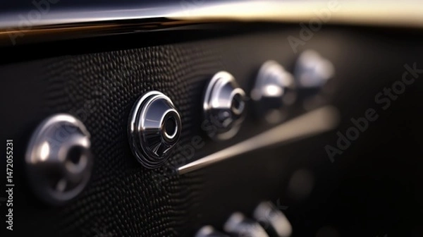 Fototapeta Close-up of sleek metallic controls on a luxurious dashboard with soft lighting effects
