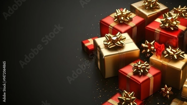 Fototapeta Luxury Red Gold Gift Boxes Holiday Presents