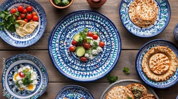 Fototapeta Overhead View of a Rustic Table Setting with Colorful Plates and a Variety of Food