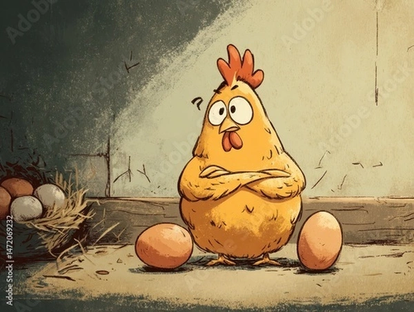 Fototapeta Curious fowl contemplates its eggs in rustic setting.
