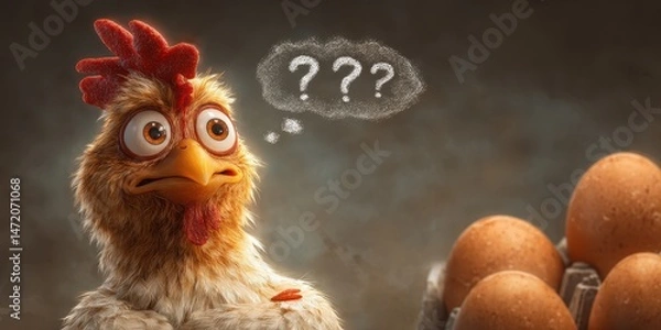Obraz A perplexed cartoon hen contemplating eggs.