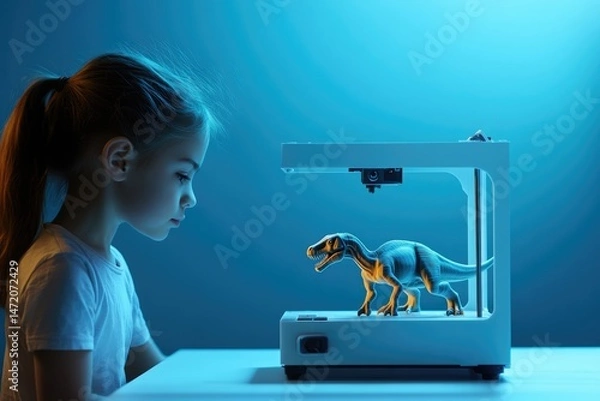 Fototapeta A young girl intently observes a 3D printed dinosaur under blue lighting, showcasing modern technology and childhood fascination.